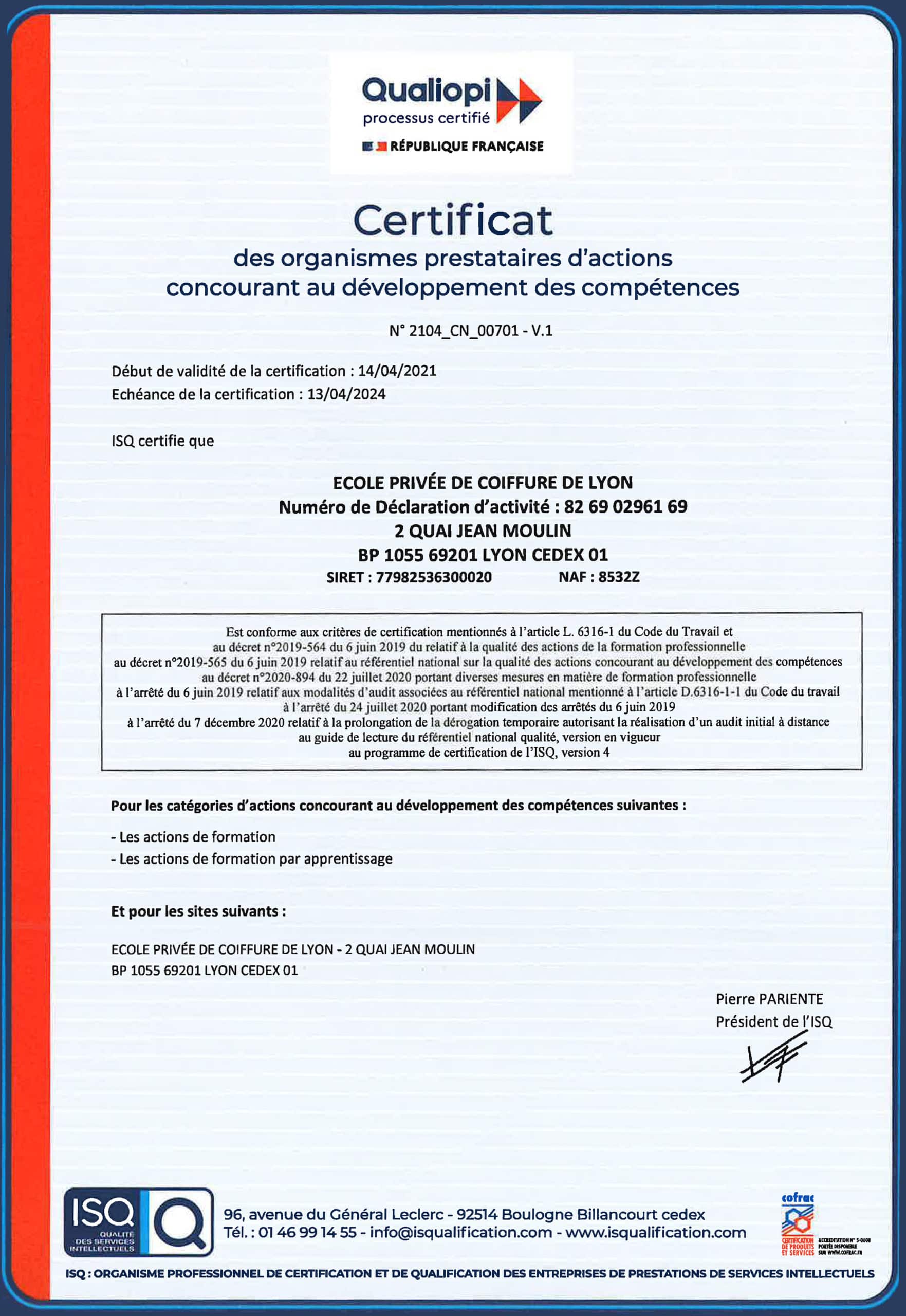 certification qualiopi école de coiffure de lyon