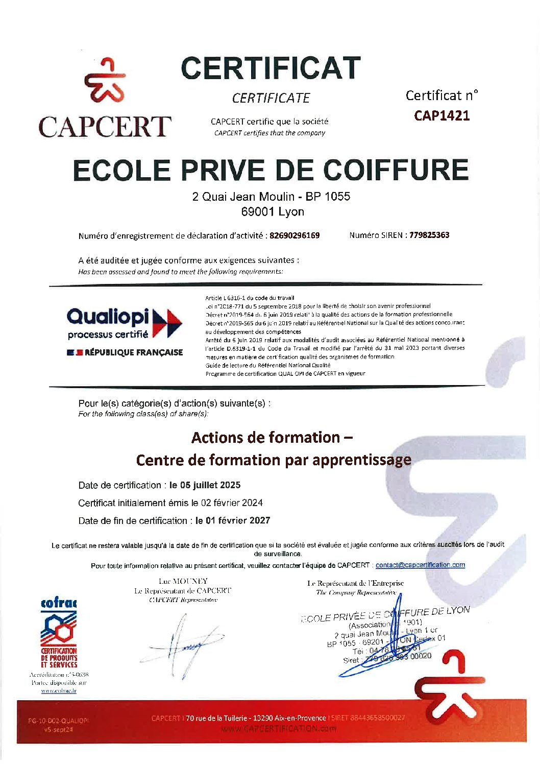 certification qualiopi école de coiffure de lyon